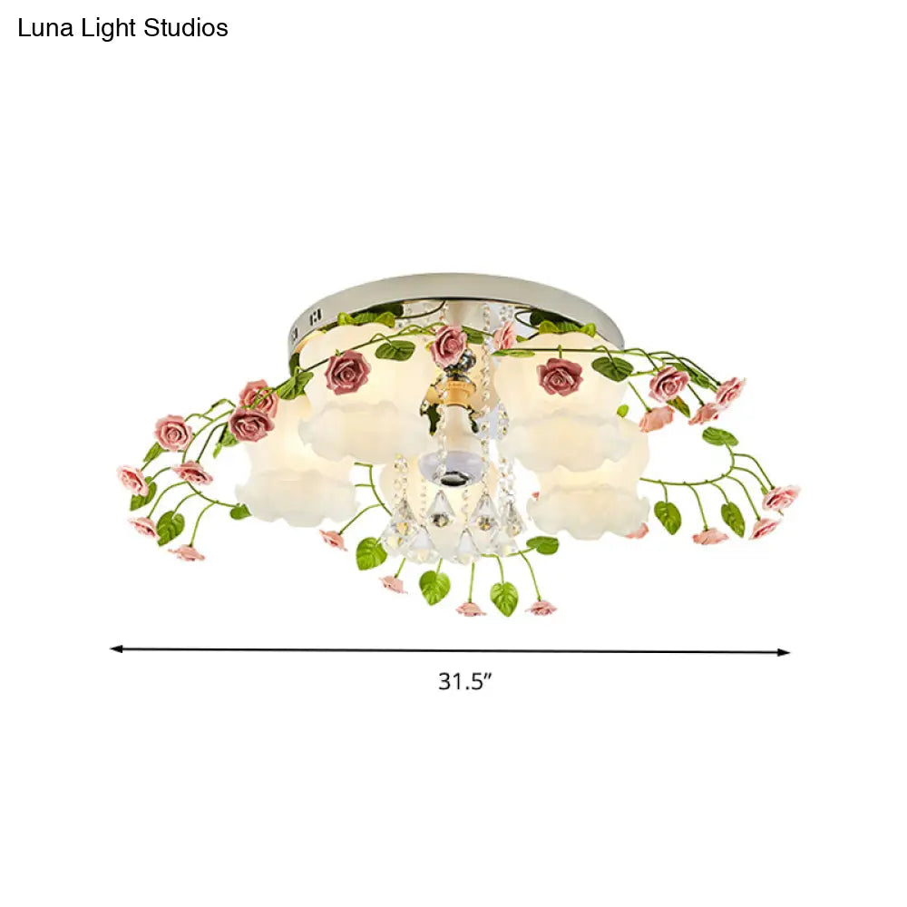 Bloom Crystal Flush Mount Ceiling Light With 5 Bulbs And White Glass Shade For Living Room