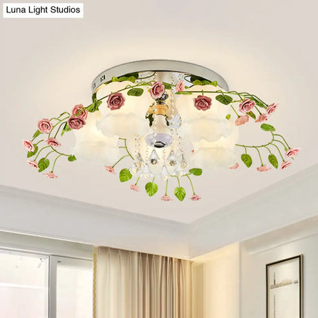 Bloom Crystal Flush Mount Ceiling Light With 5 Bulbs And White Glass Shade For Living Room