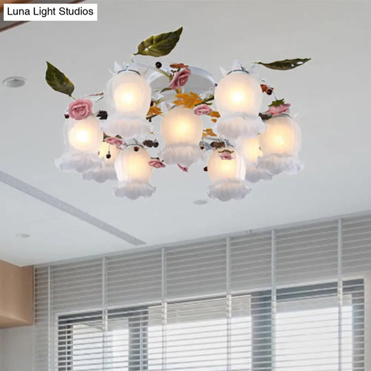 Bloom Korean Garden Metal White Semi Flush Ceiling Lighting Fixture - 7/9 Bulbs