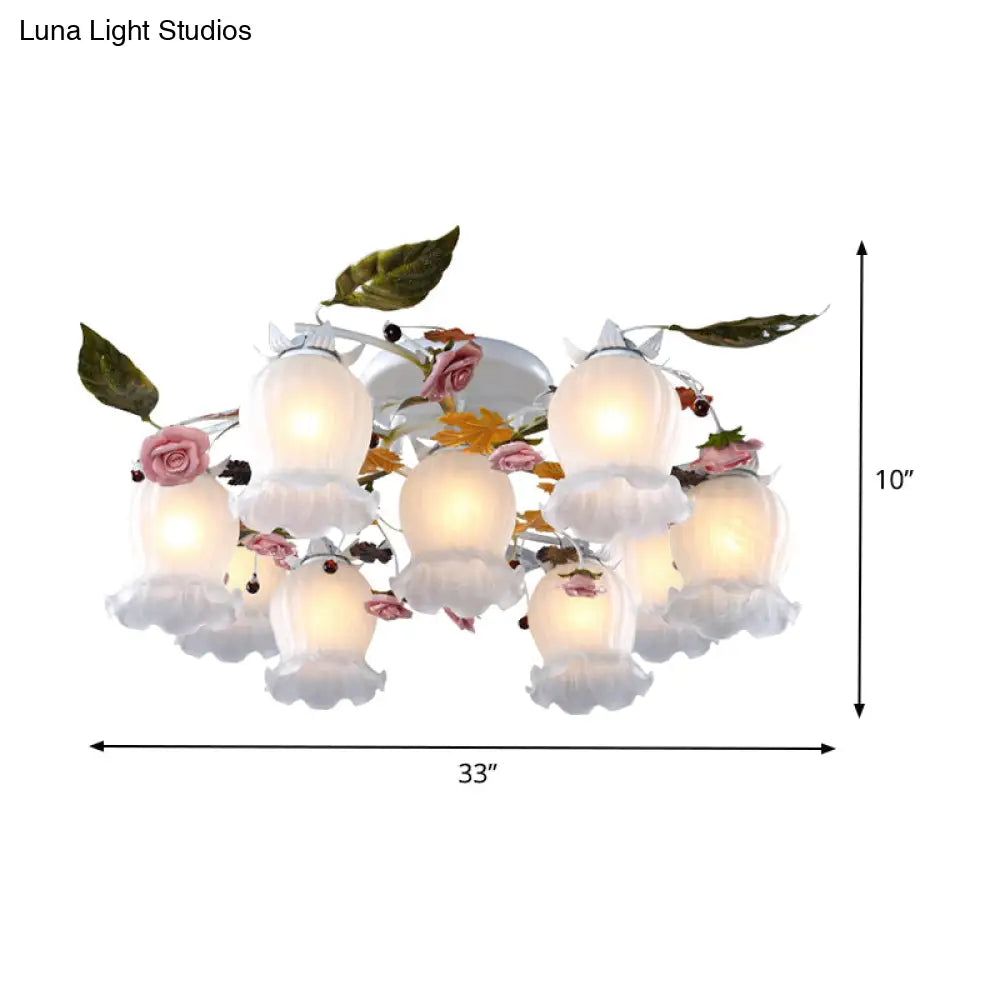 Bloom Korean Garden Metal White Semi Flush Ceiling Lighting Fixture - 7/9 Bulbs