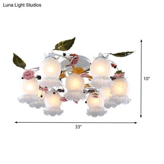 Bloom Korean Garden Metal White Semi Flush Ceiling Lighting Fixture - 7/9 Bulbs