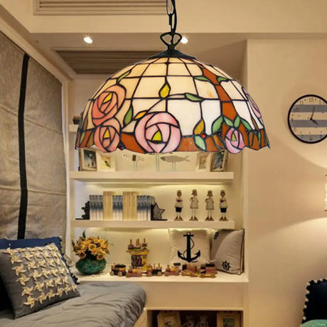 Bloom Tiffany Handcrafted Art Glass Pendant Light - 12’/16’ Wide Pink Down Lighting Fixture / 16’