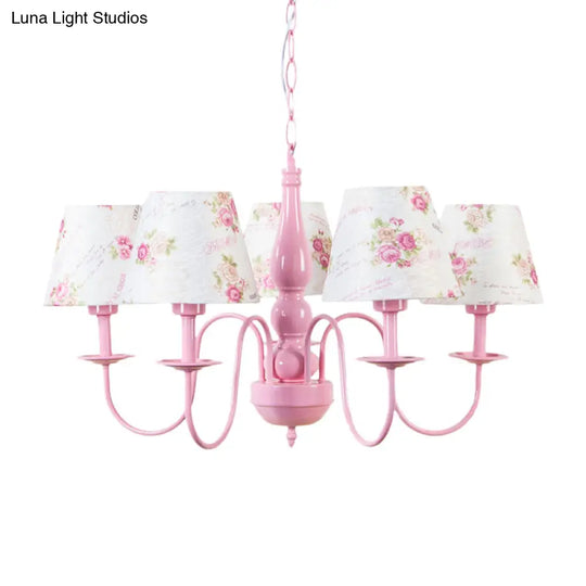 Blossom Hanging Lamp: 5-Bulb Metal Chandelier With Fabric Shade In Pink - Perfect For Kindergarten