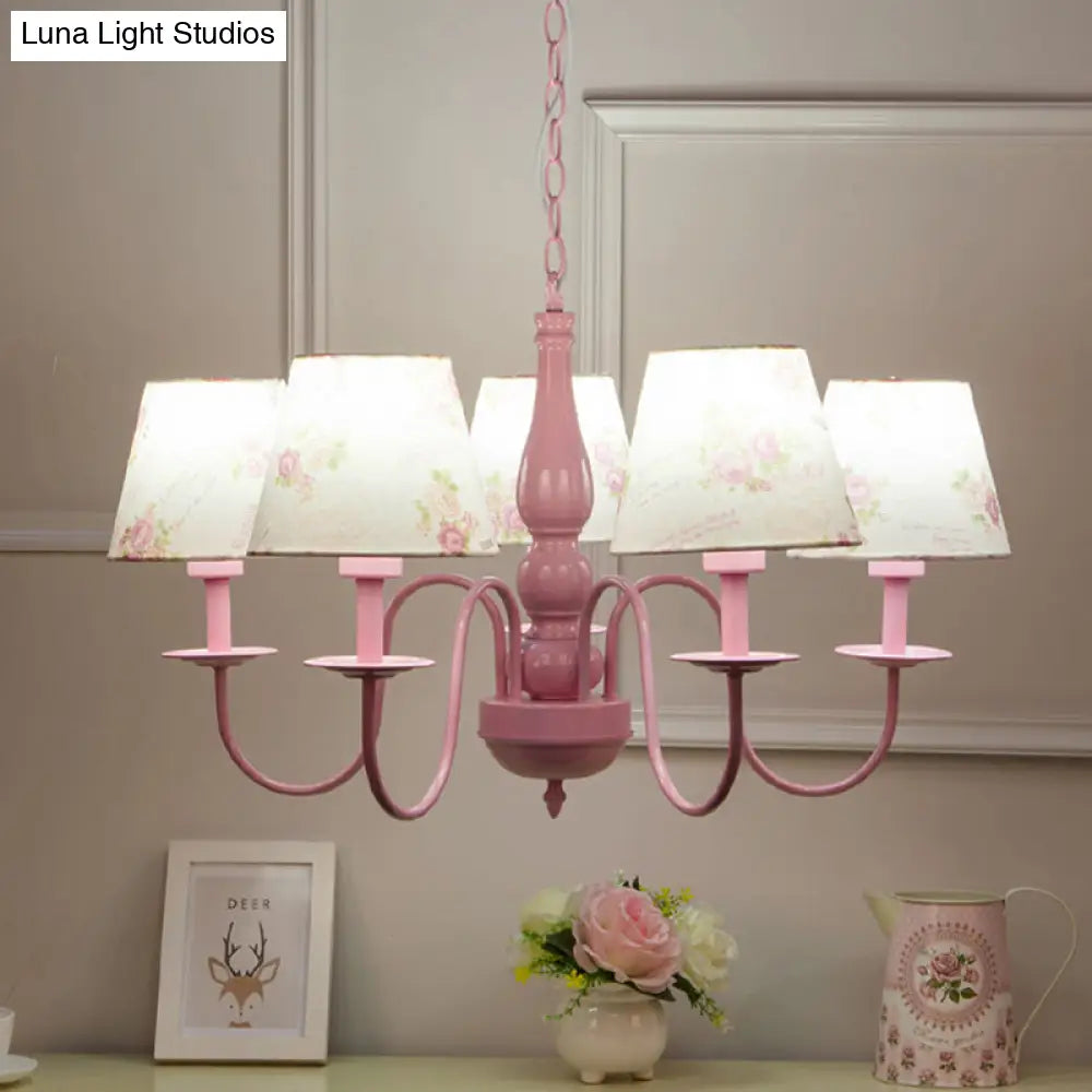 Blossom Hanging Lamp: 5-Bulb Metal Chandelier With Fabric Shade In Pink - Perfect For Kindergarten