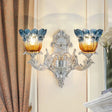 Blossom Sconce Lamp: Classic Blue & Yellow Ribbed Glass 2 Lights Silver Wall Mounted Lighting