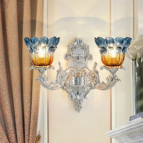 Blossom Sconce Lamp: Classic Blue & Yellow Ribbed Glass 2 Lights Silver Wall Mounted Lighting