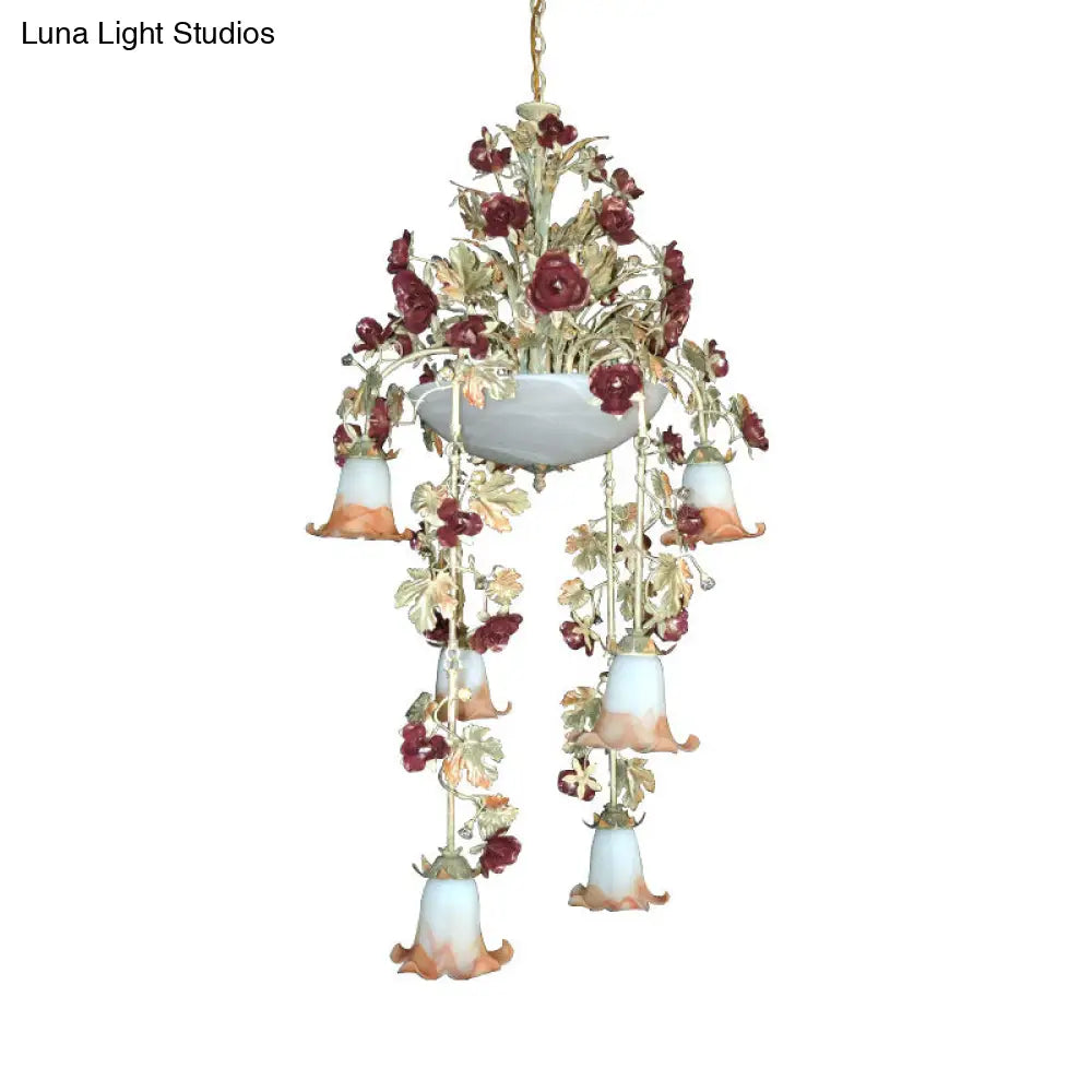 Blossom White Chandelier With 10 Led Bulbs - Elegant Bedroom Lighting In Pink/Red