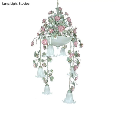 Blossom White Chandelier With 10 Led Bulbs - Elegant Bedroom Lighting In Pink/Red