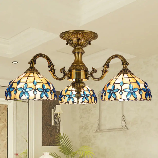 Blue 3-Head Semi Flush Ceiling Light Fixture With Hand-Cut Mediterranean Glass Bowl