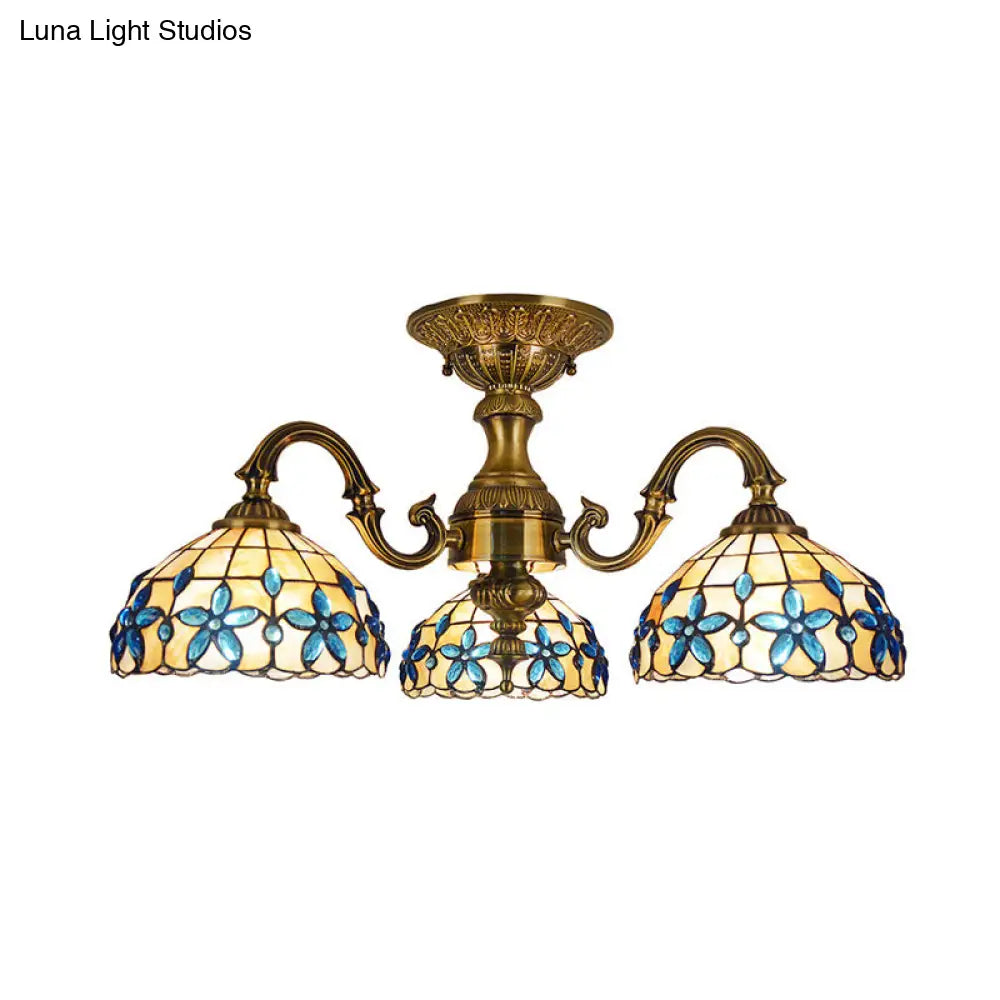 Blue 3-Head Semi Flush Ceiling Light Fixture With Hand-Cut Mediterranean Glass Bowl