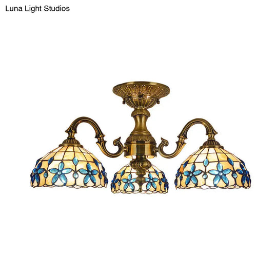 Blue 3-Head Semi Flush Ceiling Light Fixture With Hand-Cut Mediterranean Glass Bowl