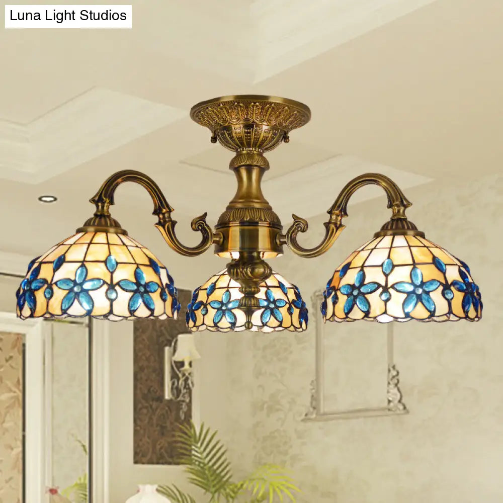 Blue 3-Head Semi Flush Ceiling Light Fixture With Hand-Cut Mediterranean Glass Bowl
