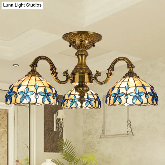 Blue 3-Head Semi Flush Ceiling Light Fixture With Hand-Cut Mediterranean Glass Bowl