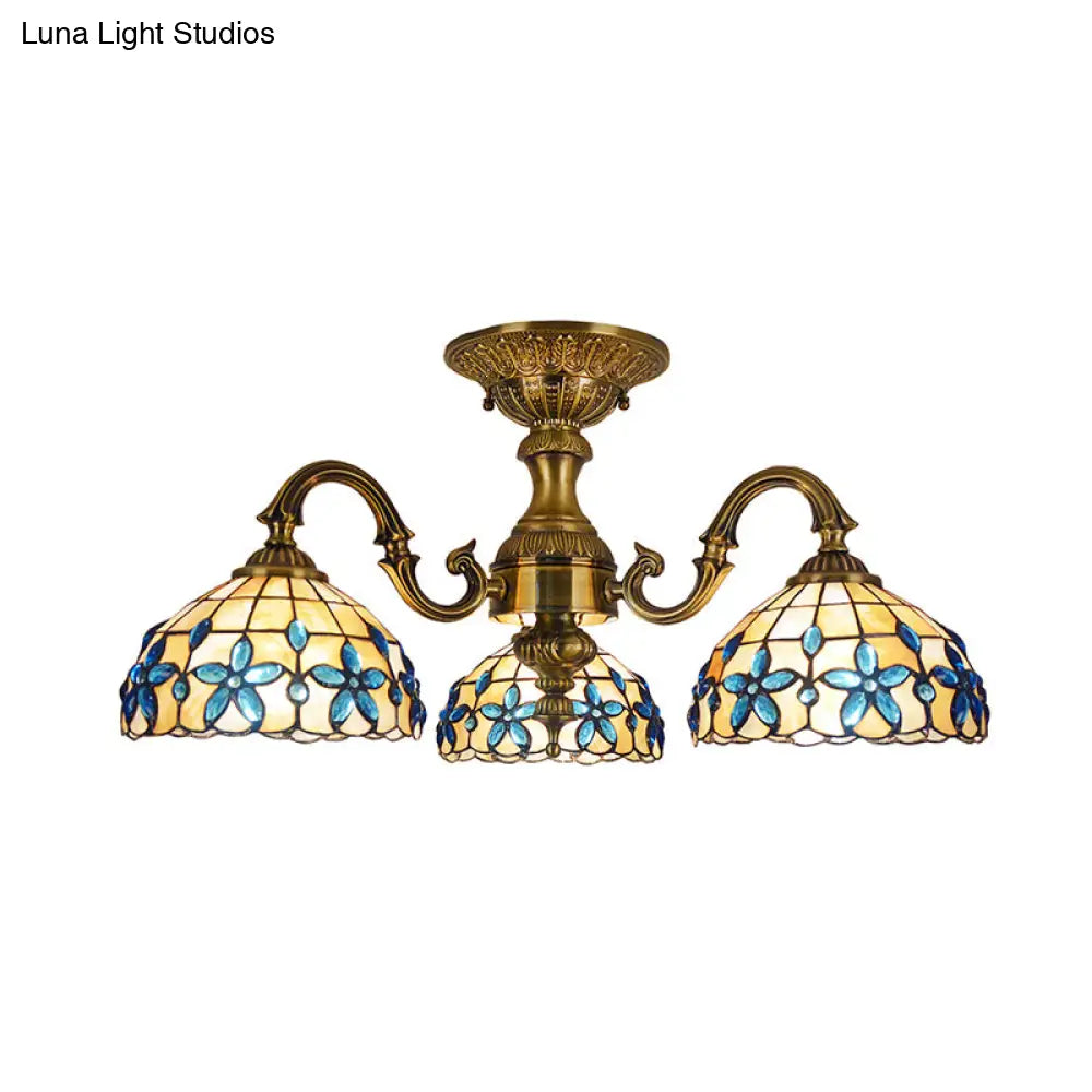 Blue 3-Head Semi Flush Ceiling Light Fixture With Hand-Cut Mediterranean Glass Bowl