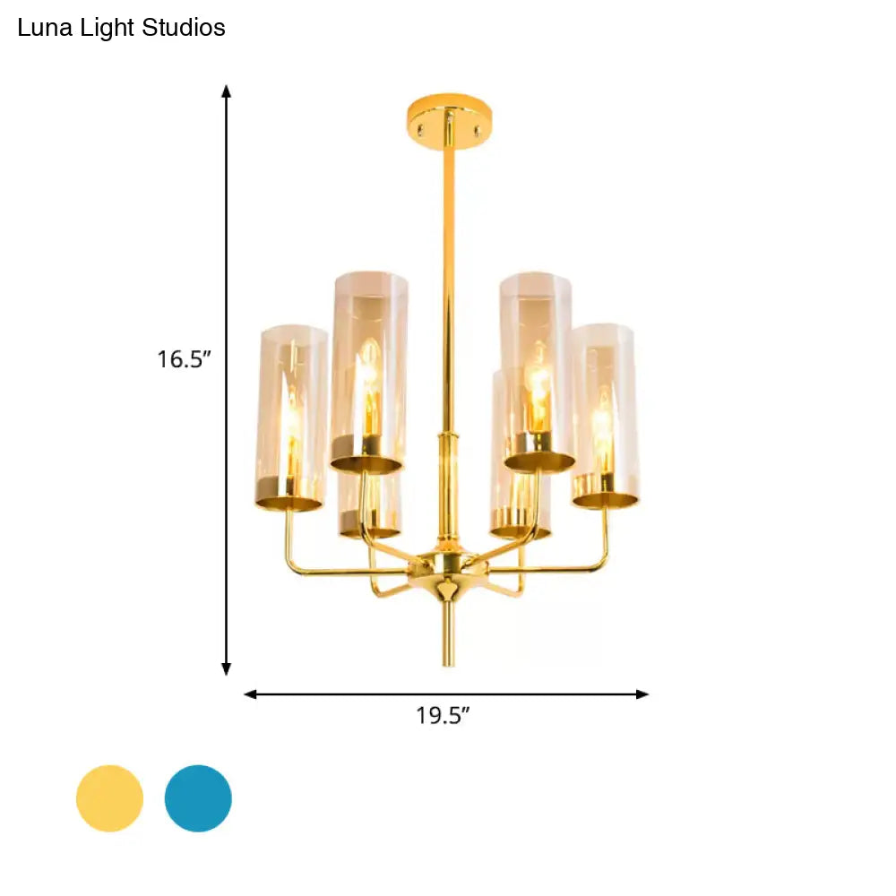 Blue/Amber Glass Cylinder Chandelier - 6/10 Lights In Gold For Modern Living Room