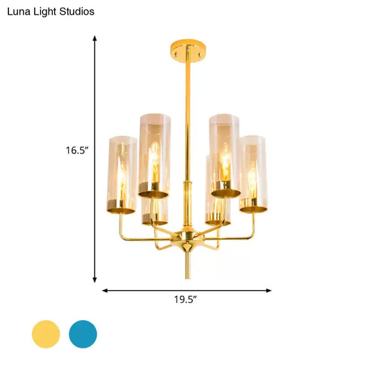Blue/Amber Glass Cylinder Chandelier - 6/10 Lights In Gold For Modern Living Room
