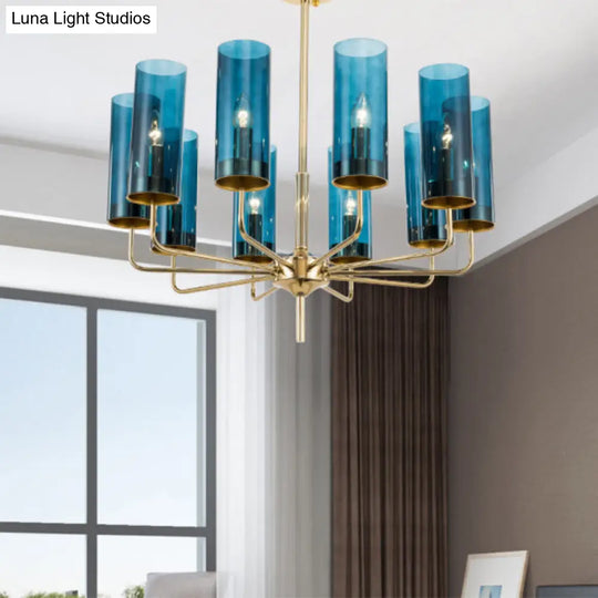 Blue/Amber Glass Cylinder Chandelier - 6/10 Lights In Gold For Modern Living Room