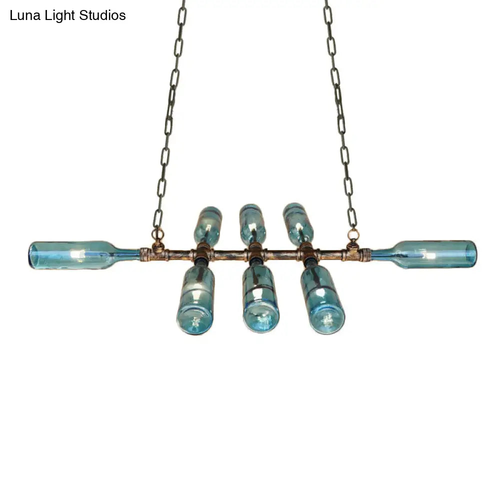 Blue/Amber Vintage Style Glass Bottle Chandelier Pendant Light With Pipe - 8 Heads Ideal For