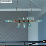 Blue/Amber Vintage Style Glass Bottle Chandelier Pendant Light With Pipe - 8 Heads Ideal For