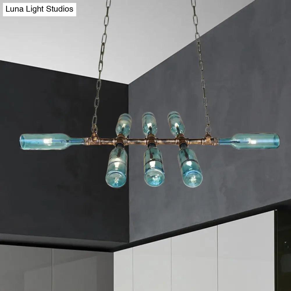 Blue/Amber Vintage Style Glass Bottle Chandelier Pendant Light With Pipe - 8 Heads Ideal For