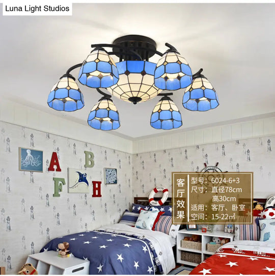 Blue And White Glass Semi-Flush Conical Ceiling Light With 9/11 Lights - Black Lighting Fixture For