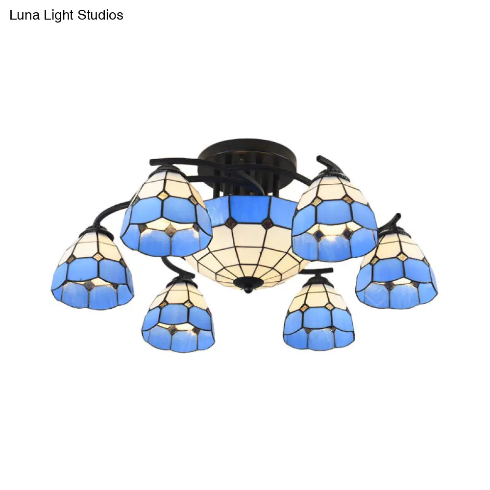 Blue And White Glass Semi-Flush Conical Ceiling Light With 9/11 Lights - Black Lighting Fixture For