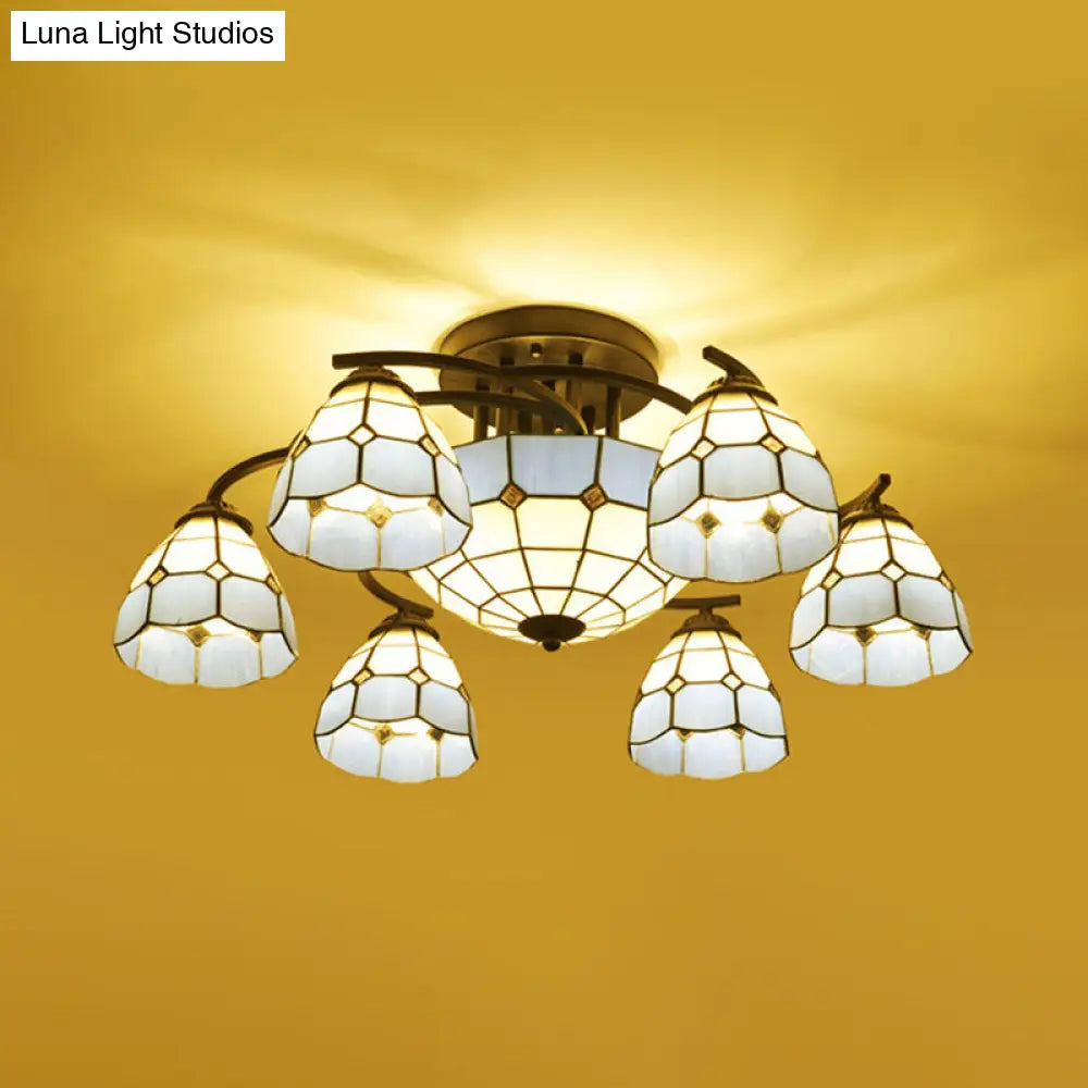 Blue And White Glass Semi-Flush Conical Ceiling Light With 9/11 Lights - Black Lighting Fixture For