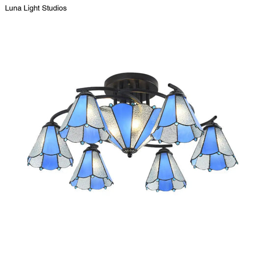 Blue And White Glass Semi-Flush Conical Ceiling Light With 9/11 Lights - Black Lighting Fixture For