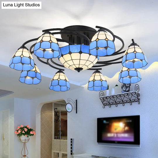 Blue And White Glass Semi-Flush Conical Ceiling Light With 9/11 Lights - Black Lighting Fixture For