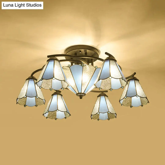 Blue And White Glass Semi-Flush Conical Ceiling Light With 9/11 Lights - Black Lighting Fixture For