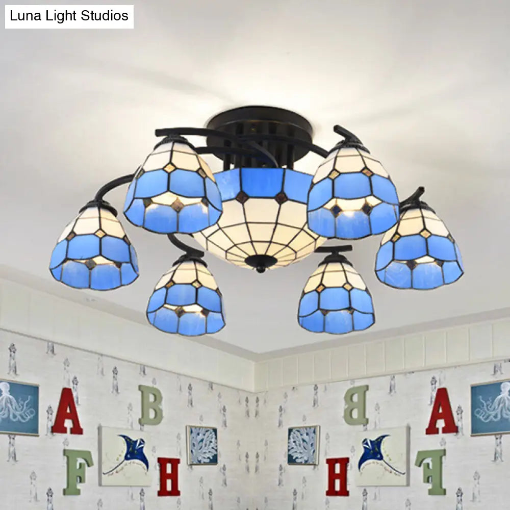 Blue And White Glass Semi-Flush Conical Ceiling Light With 9/11 Lights - Black Lighting Fixture For