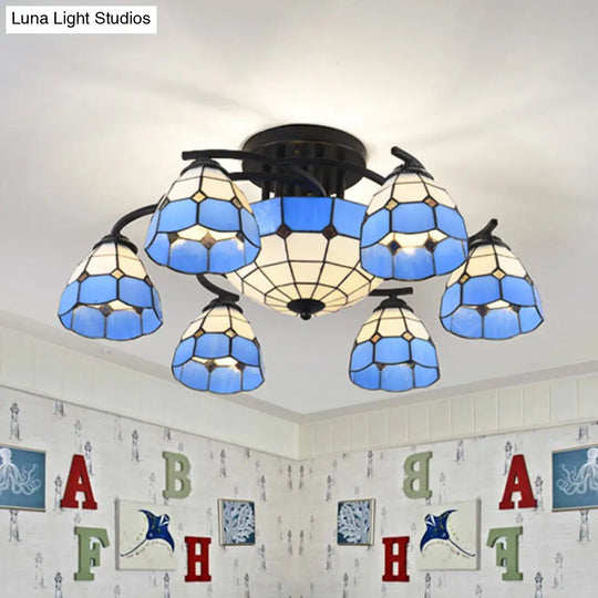 Blue And White Glass Semi-Flush Conical Ceiling Light With 9/11 Lights - Black Lighting Fixture For