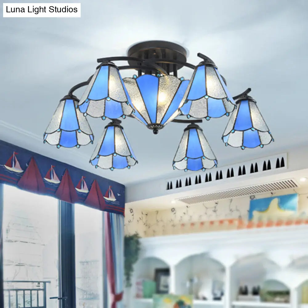 Blue And White Glass Semi-Flush Conical Ceiling Light With 9/11 Lights - Black Lighting Fixture For
