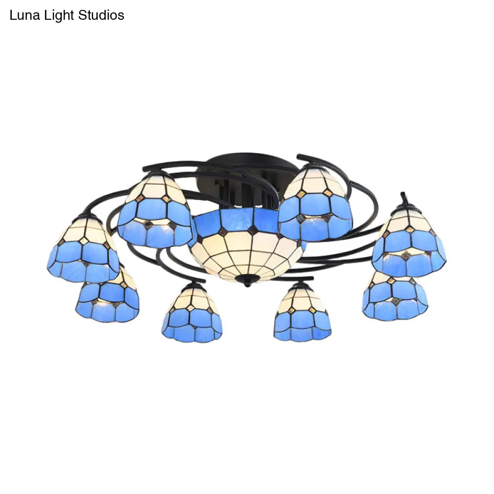 Blue And White Glass Semi - Flush Conical Ceiling Light With 9/11 Lights - Black Lighting Fixture