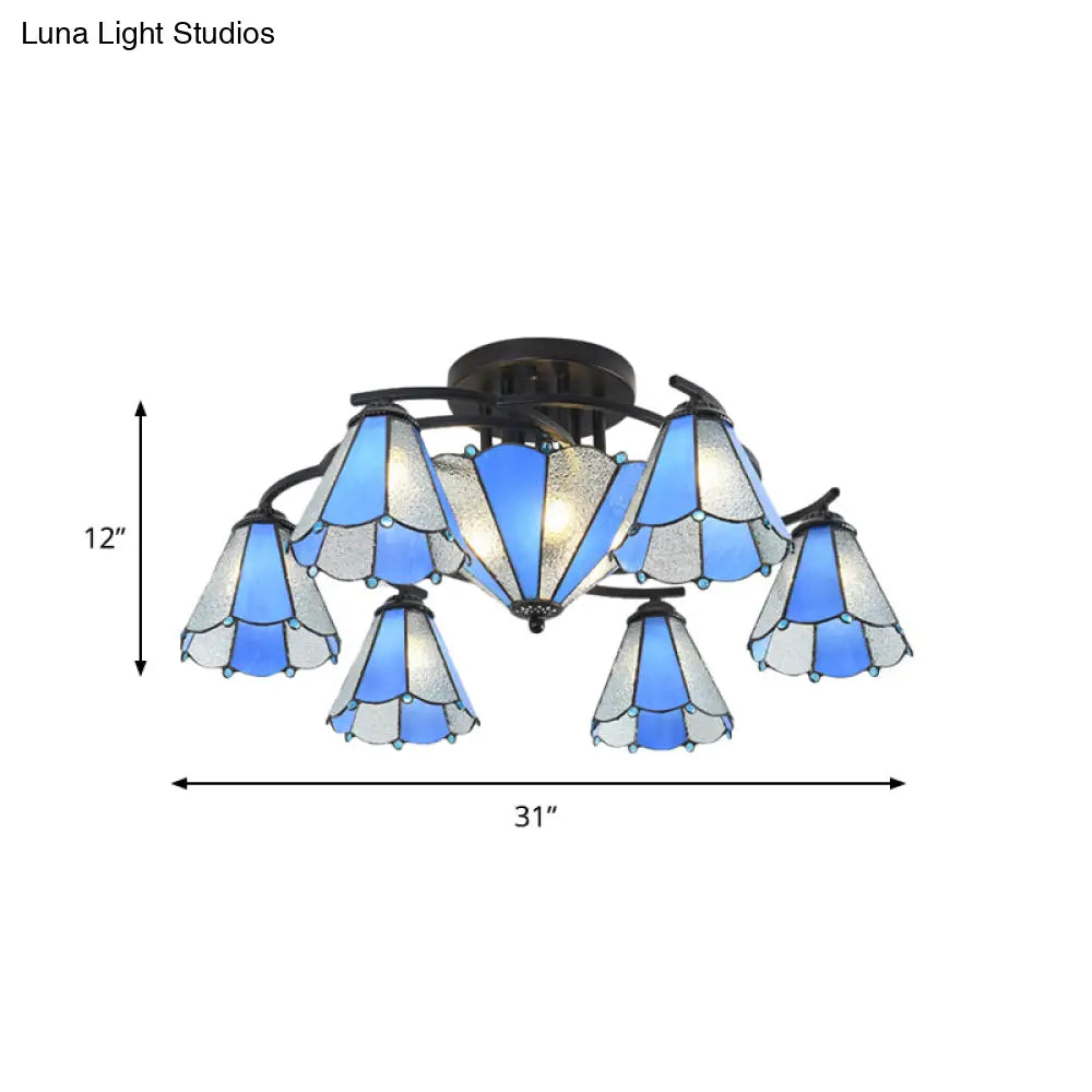 Blue And White Glass Semi - Flush Conical Ceiling Light With 9/11 Lights - Black Lighting Fixture