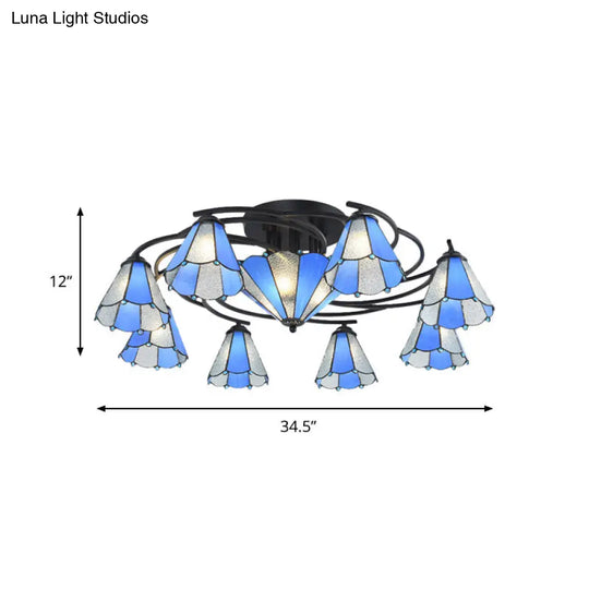 Blue And White Glass Semi-Flush Conical Ceiling Light With 9/11 Lights - Black Lighting Fixture For