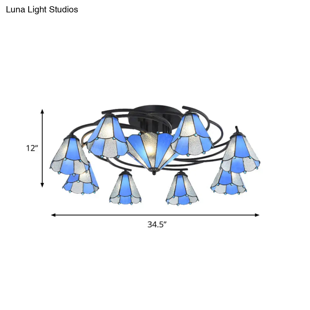 Blue And White Glass Semi - Flush Conical Ceiling Light With 9/11 Lights - Black Lighting Fixture