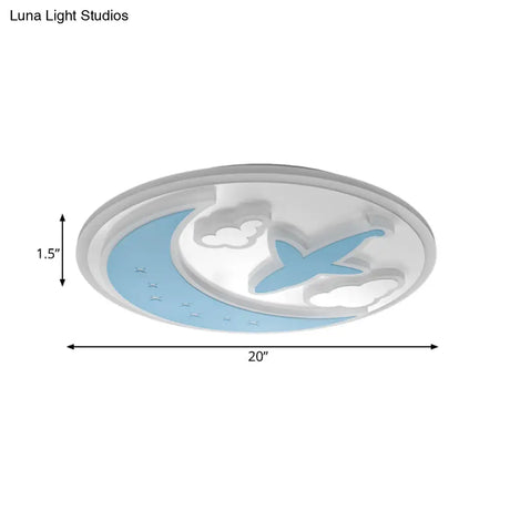 Blue And White Led Moon Ceiling Light With Carved Plane & Cloud Design