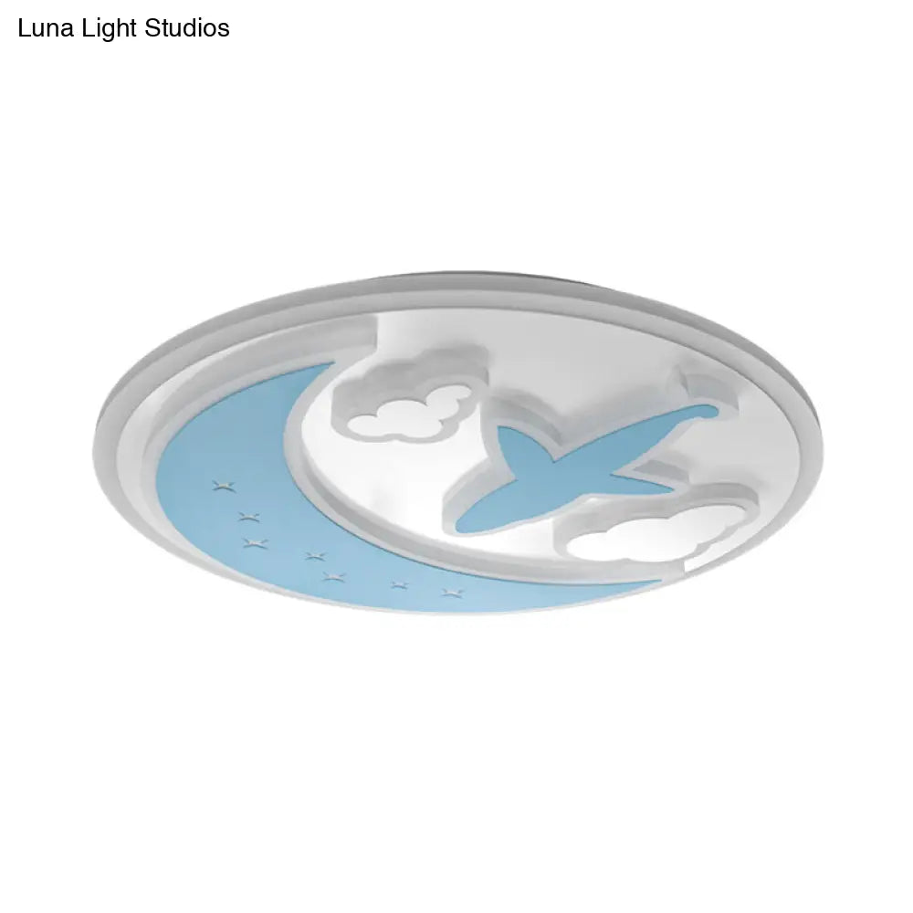 Blue And White Led Moon Ceiling Light With Carved Plane & Cloud Design