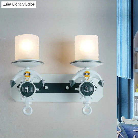 Blue Antique Style Milk Glass Cylinder Wall Light With Anchor Deco Sconce For Front Door 2 /