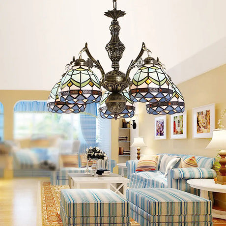 Blue Baroque Dome Stained Glass Chandelier - 5 Light Suspension Lamp For Living Room