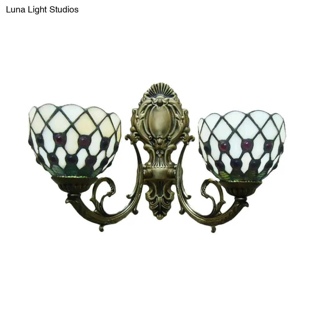 Blue/Beige Lattice Bowl Wall Sconce Tiffany Traditional Lamp For Bathroom