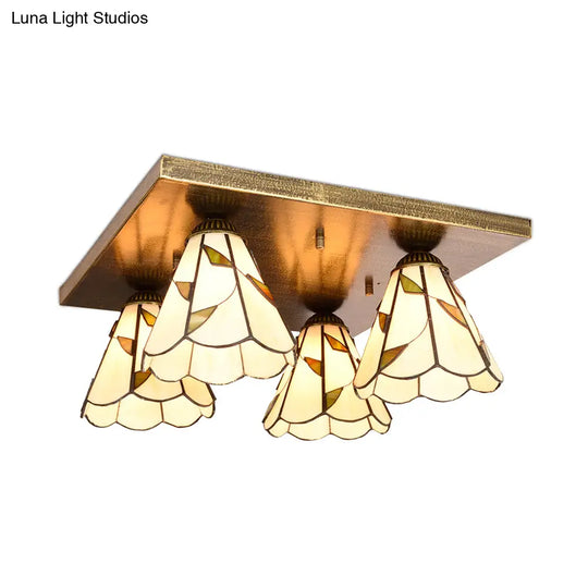 Blue/Beige Tiffany Stained Glass Cone Ceiling Light Fixture With 4 Flush Mount Lights
