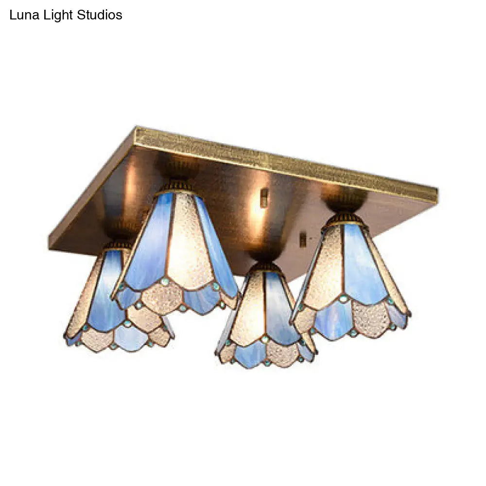 Blue/Beige Tiffany Stained Glass Cone Ceiling Light Fixture With 4 Flush Mount Lights Blue