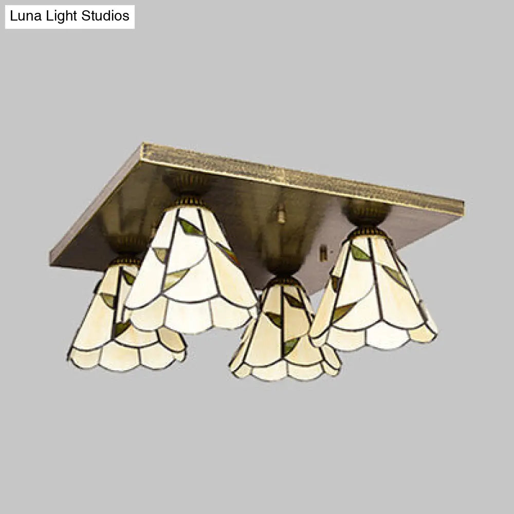 Blue/Beige Tiffany Stained Glass Cone Ceiling Light Fixture With 4 Flush Mount Lights