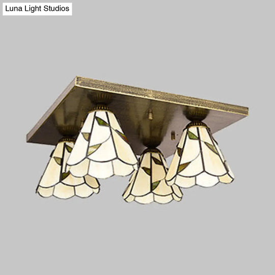 Blue/Beige Tiffany Stained Glass Cone Ceiling Light Fixture With 4 Flush Mount Lights