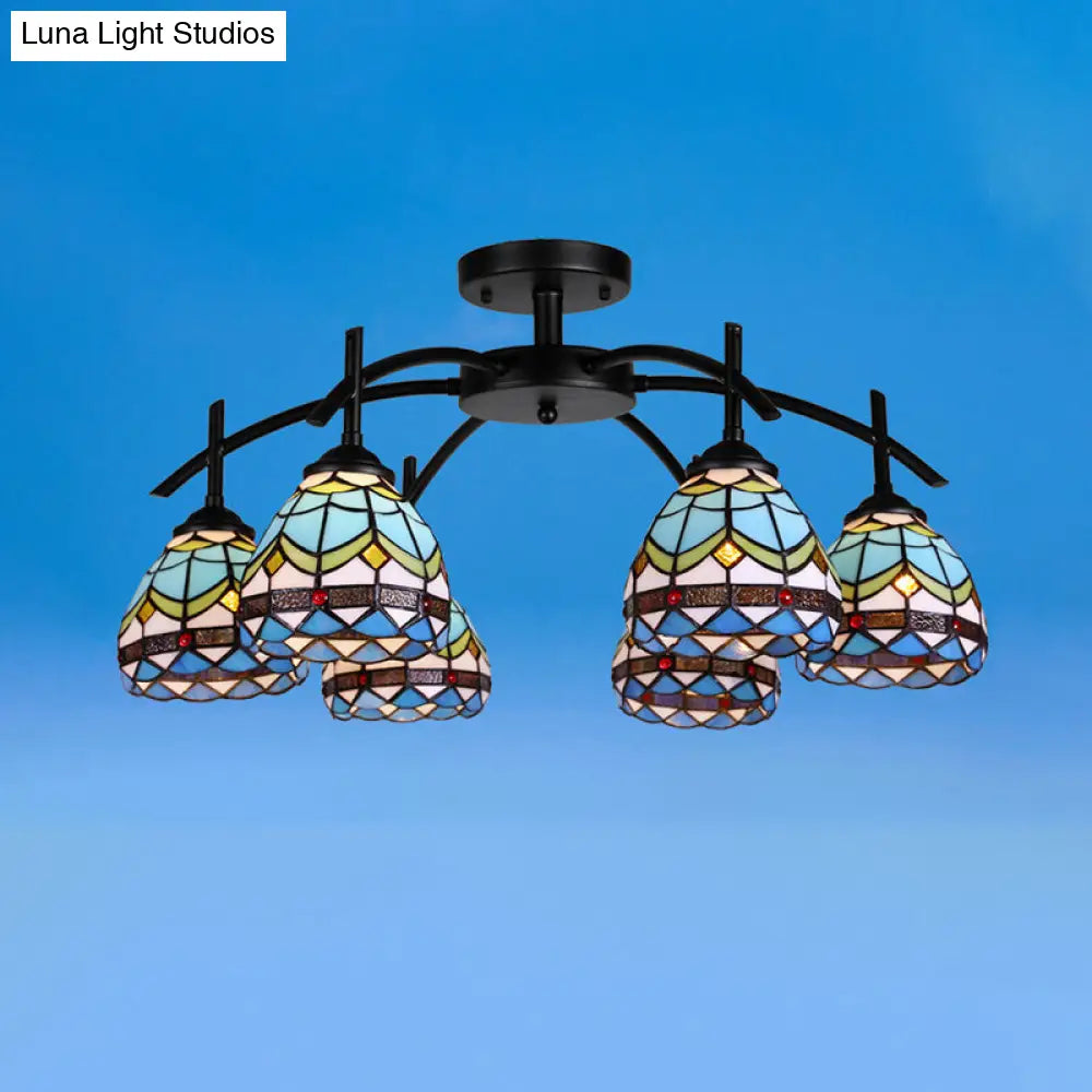 Blue Bowl Stained Glass Semi Flush Mount Lamp - Mediterranean Style With 6/8 Lights Ceiling Fixture