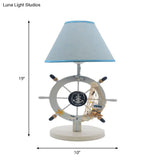 Blue Cartoon Cone Table Light: 1-Bulb Fabric Nightstand Lighting With Wooden Rudder Base