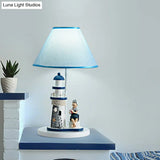 Blue Cartoon Girl/Boy Barrel Shade Night Light: Kids Fabric Table Lamp With Lighthouse Decor