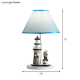 Blue Cartoon Girl/Boy Barrel Shade Night Light: Kids Fabric Table Lamp With Lighthouse Decor
